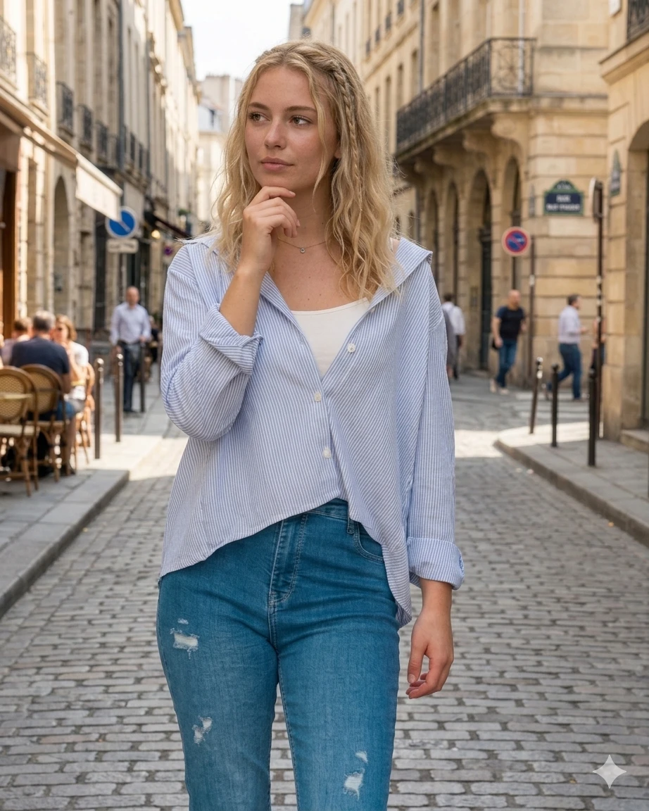 loose-fitting button-up shirt